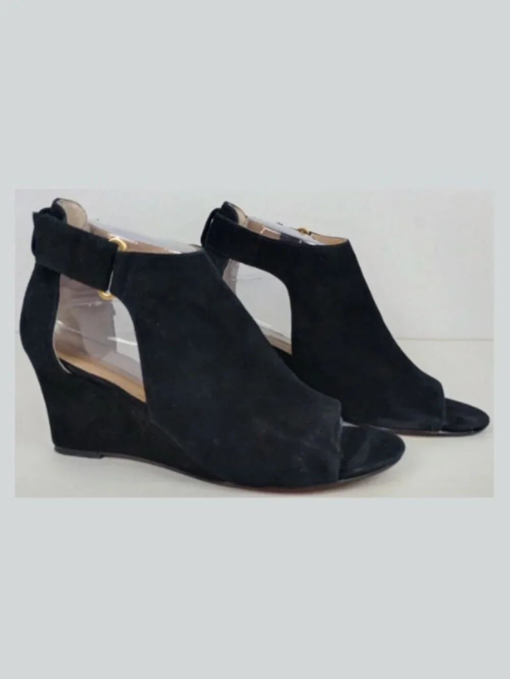 Adrienne Vittadini Women 8.5M Black Fine Leather‎ Suede Ankle Wedge Heel Sandals
